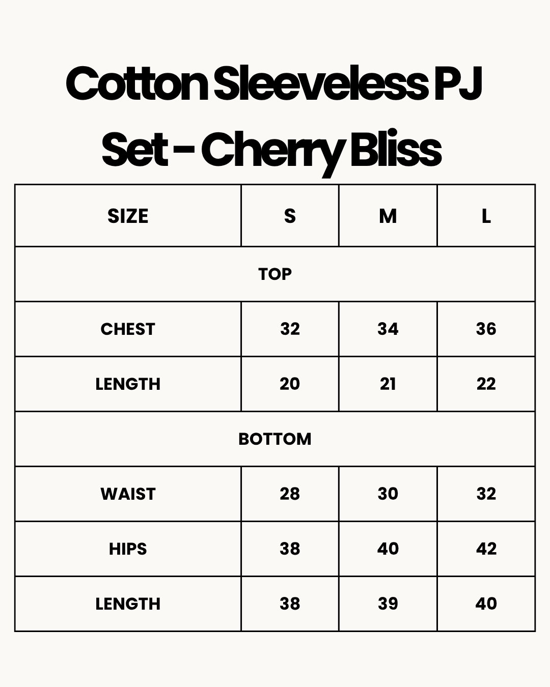 Size Chart for Cotton Sleeveless PJ Set - Cherry Bliss - Pink