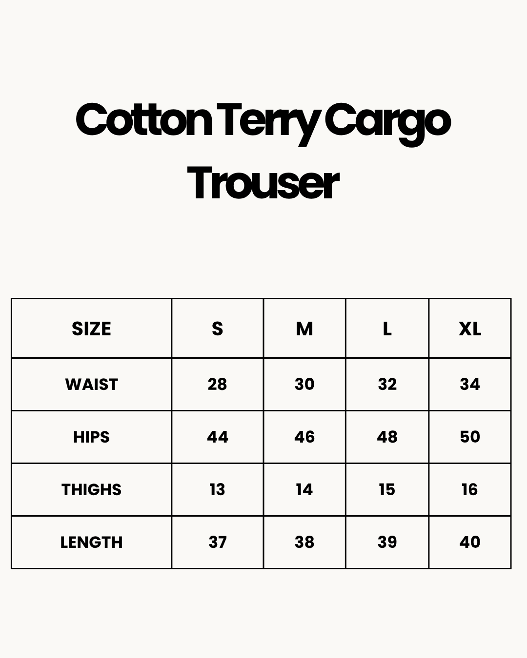 Size Chart for Cotton Terry Cargo Trouser - Beige