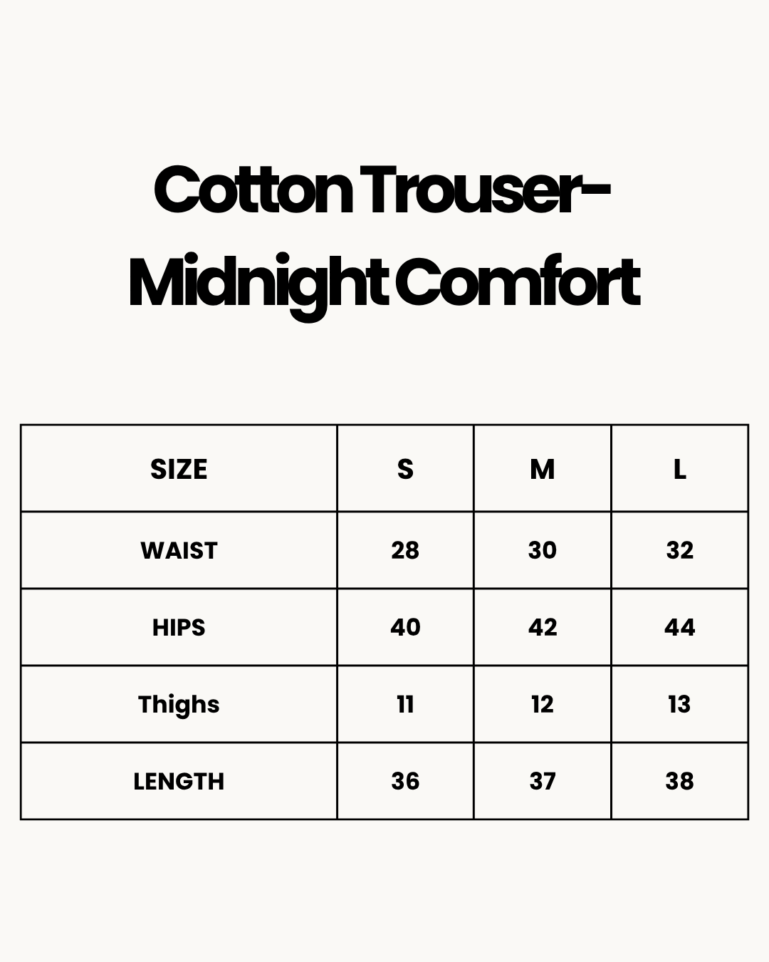 Size Chart for Cotton Trouser- Midnight Comfort - Blue