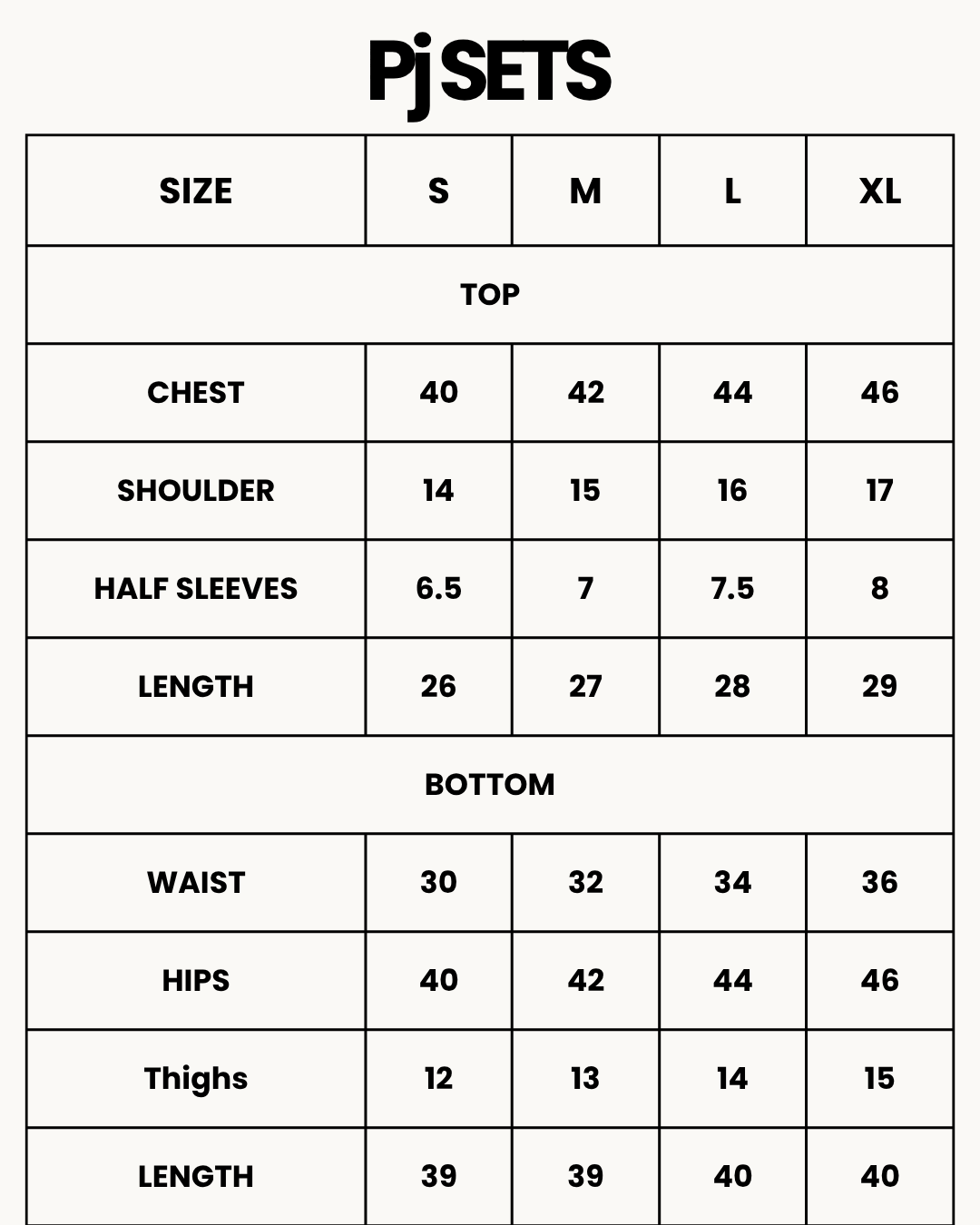 Size Chart for Cotton PJ Set - Navy Stripe