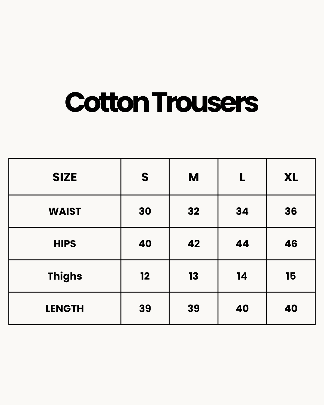Size Chart for Cotton Trouser - Seafern