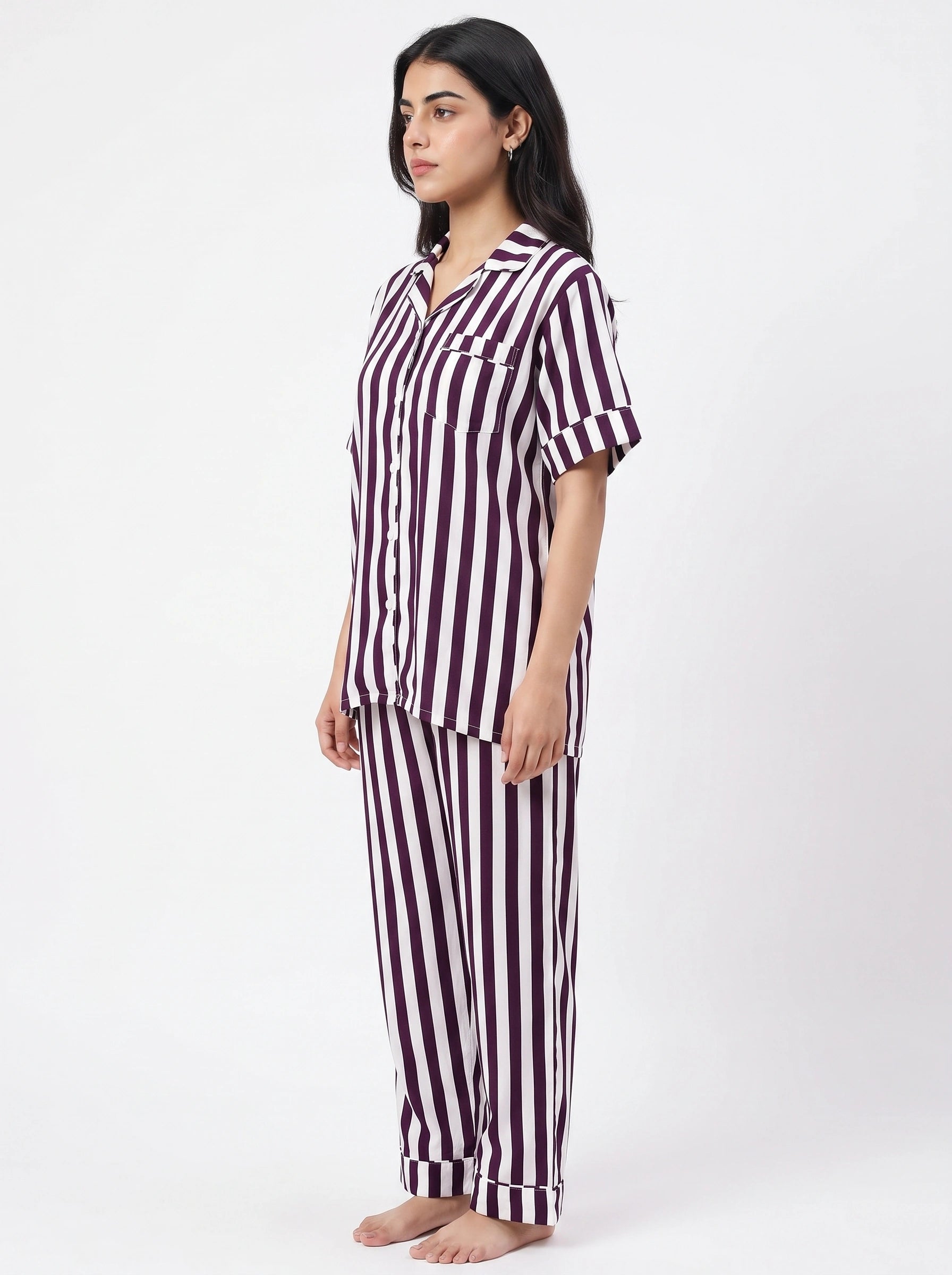 Linen PJ Set - Plum Stripe