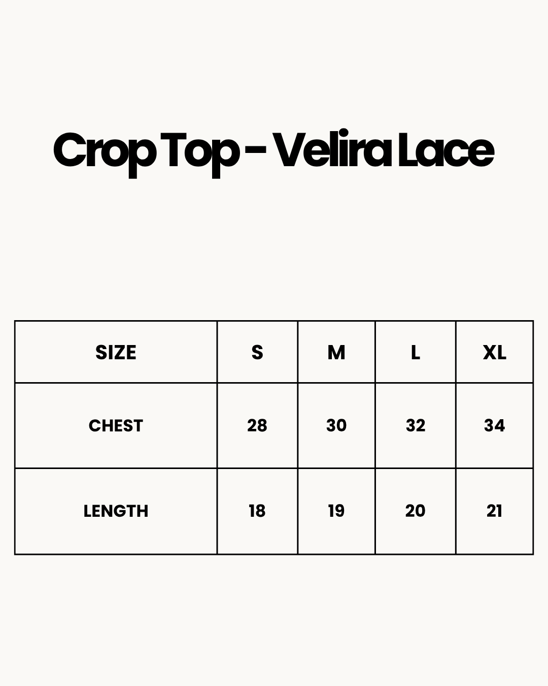 Size Chart for Crop Top - Velira Lace