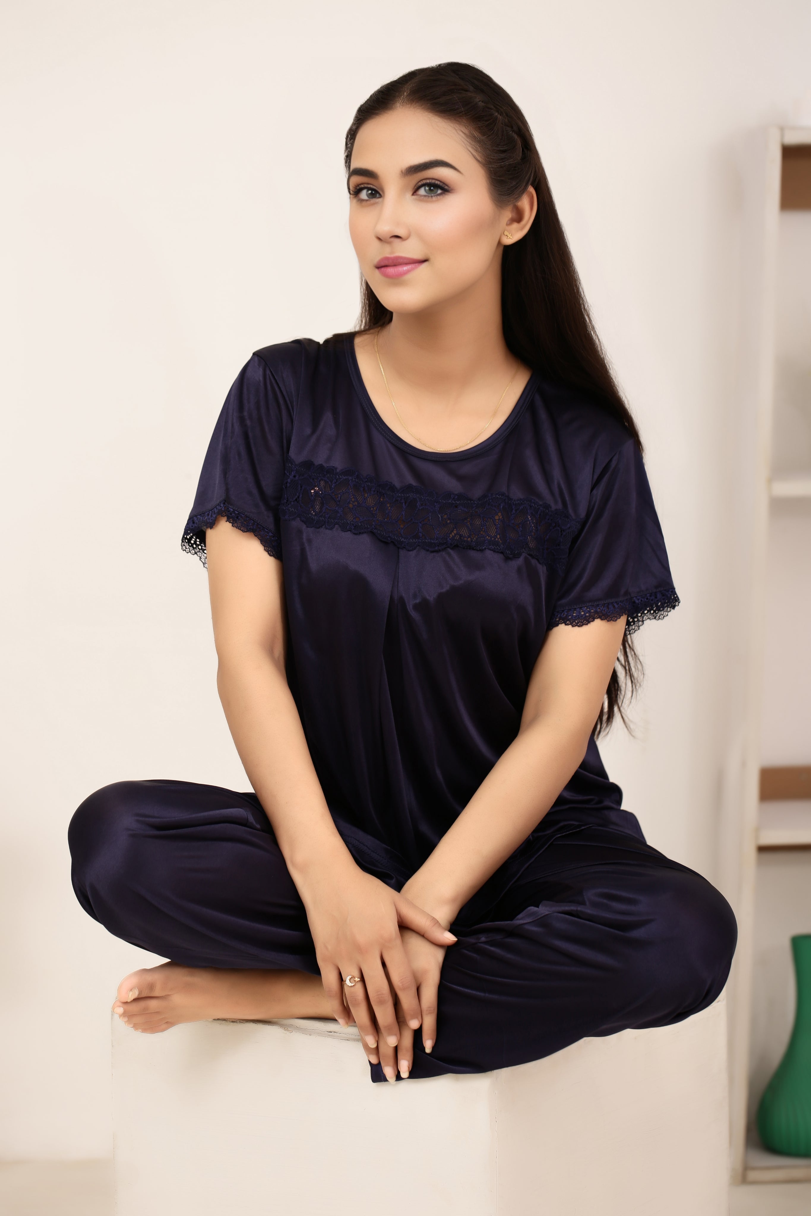 Silk PJ Set - Cenra - Dark Blue