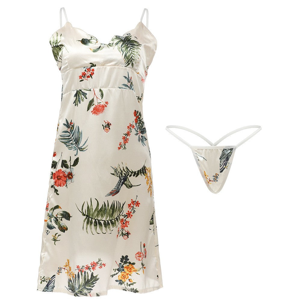 Floral slip dress with matching thong on a white background