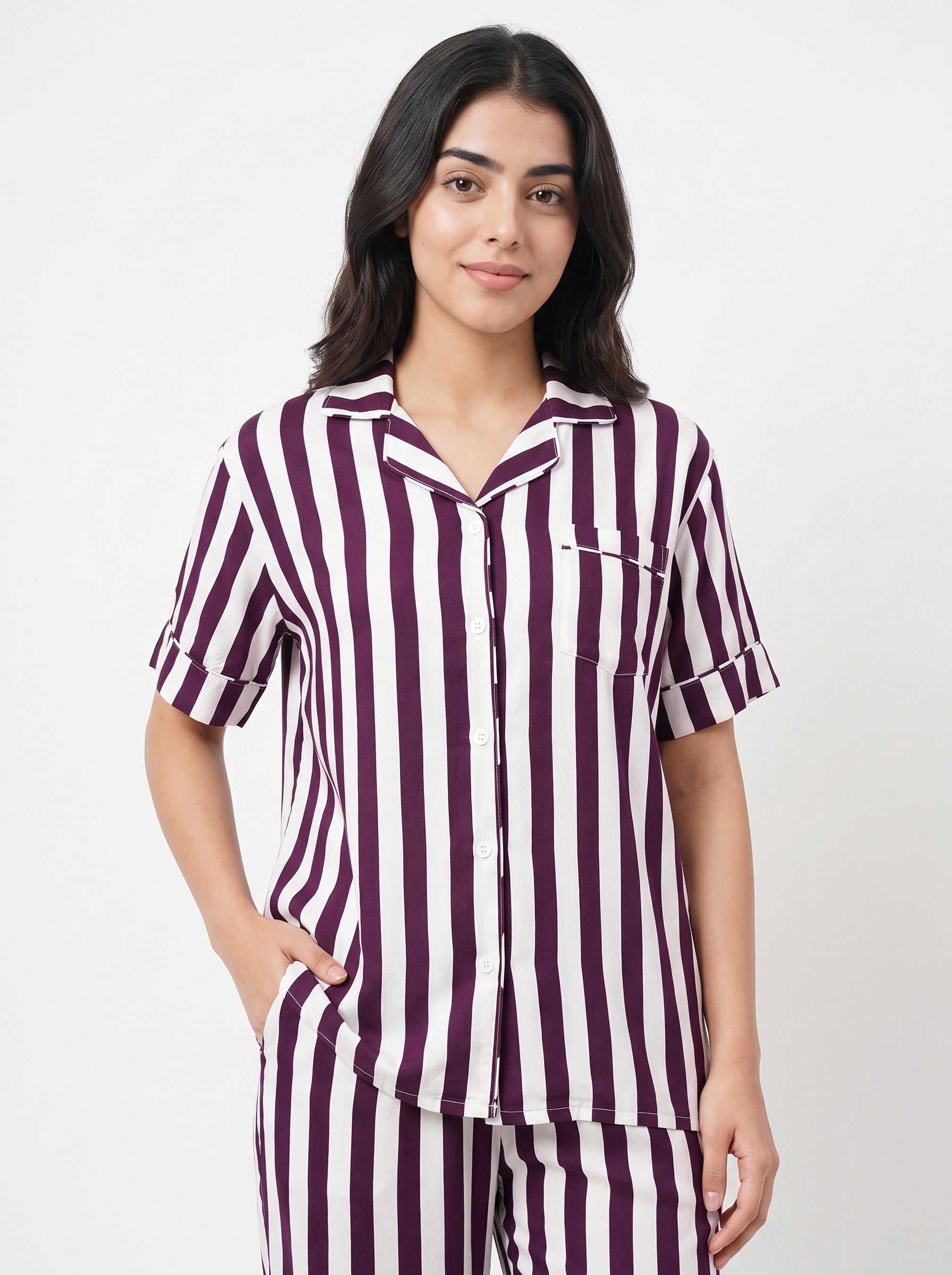 Linen PJ Set - Plum Stripe