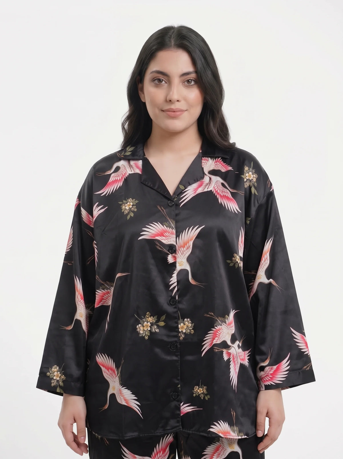 Oversized Silk Pajama Suit - Flamingo - Black