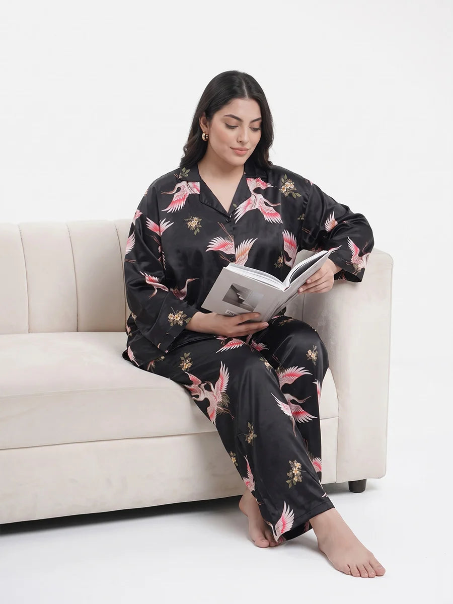 Oversized Silk Pajama Suit - Flamingo - Black