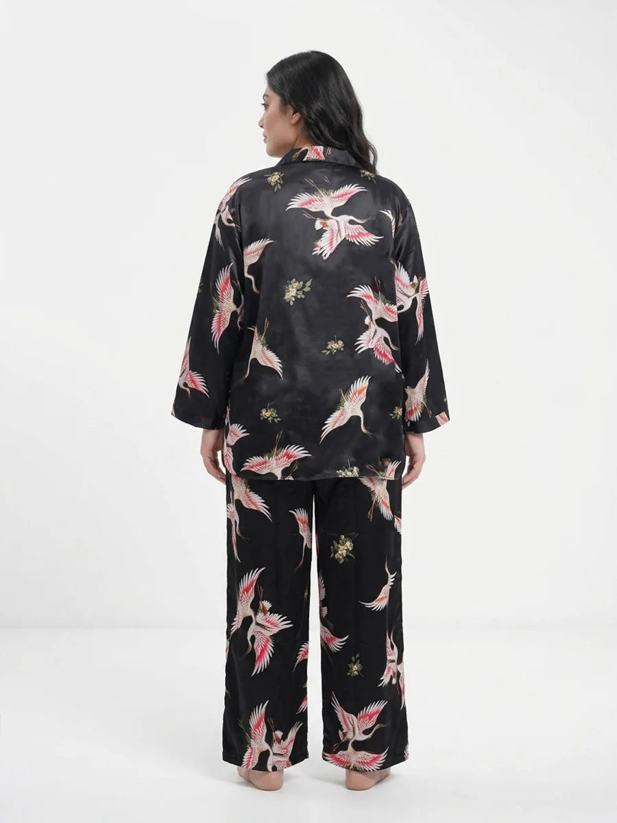 Oversized Silk Pajama Suit - Flamingo - Black