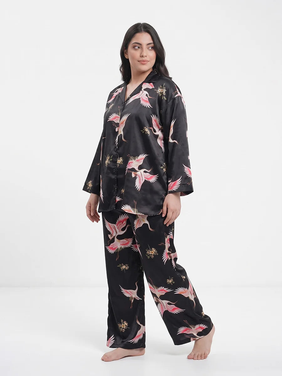 Oversized Silk Pajama Suit - Flamingo - Black
