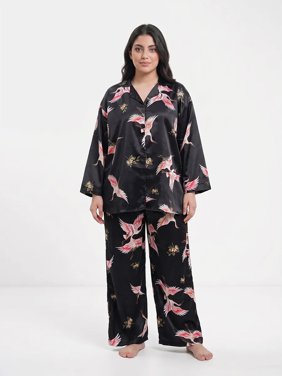 Oversized Silk Pajama Suit - Flamingo - Black