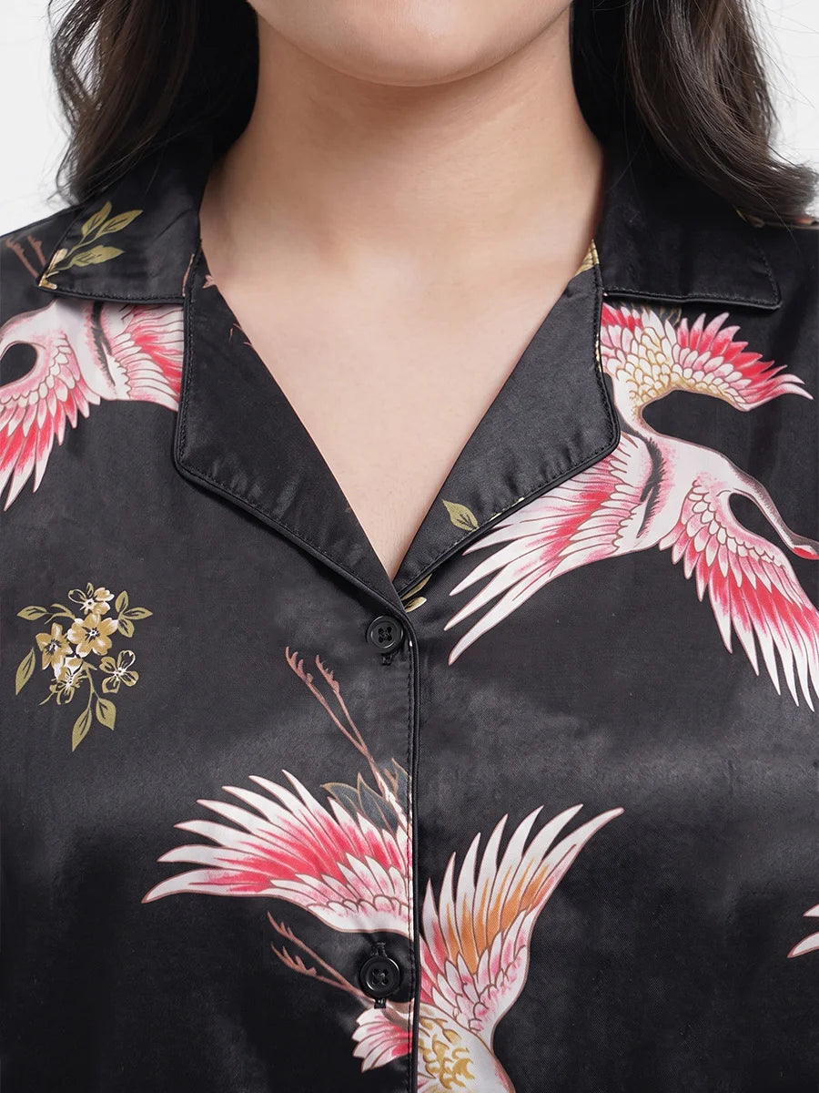 Oversized Silk Pajama Suit - Flamingo - Black