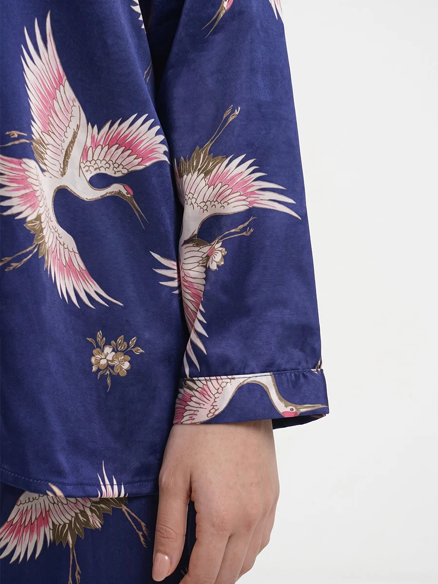 Oversized Silk Pajama Suit - Flamingo - Blue
