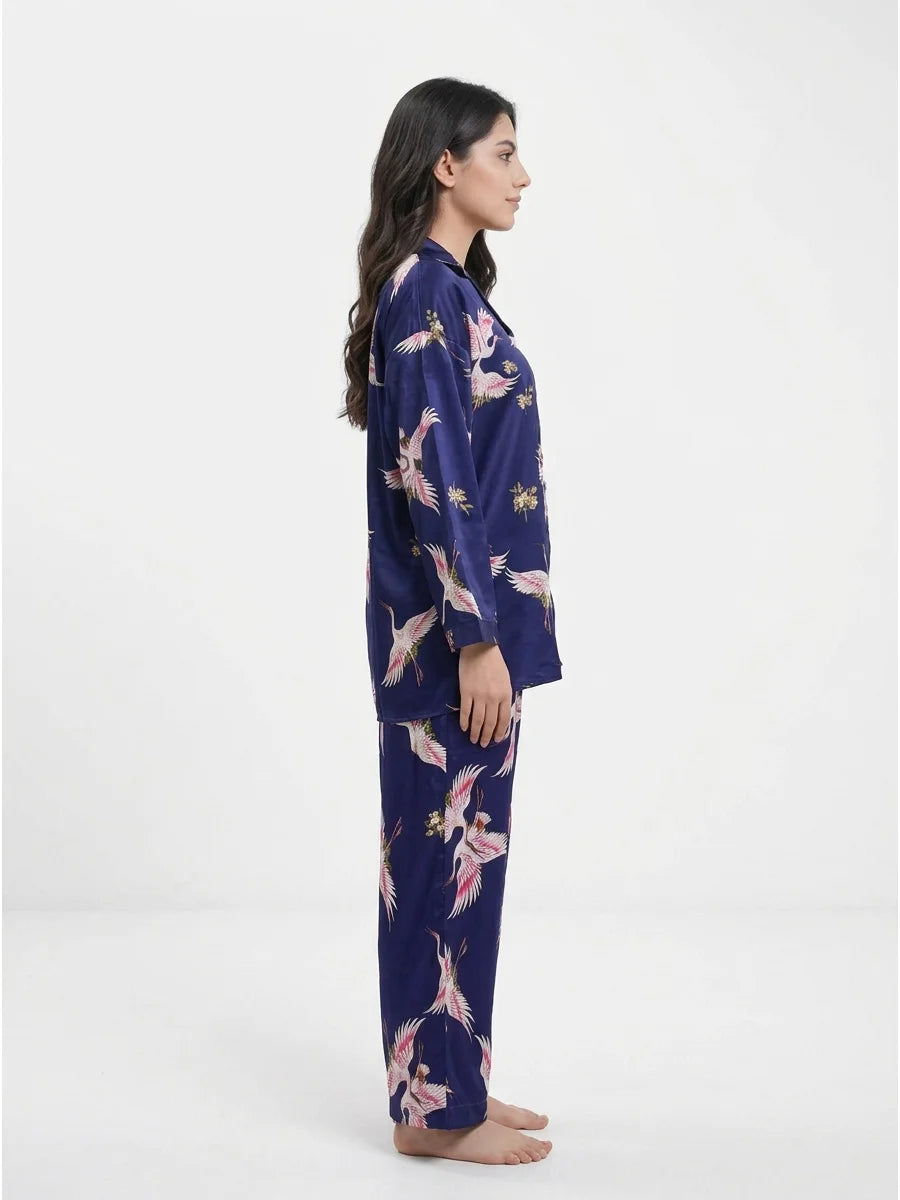 Oversized Silk Pajama Suit - Flamingo - Blue