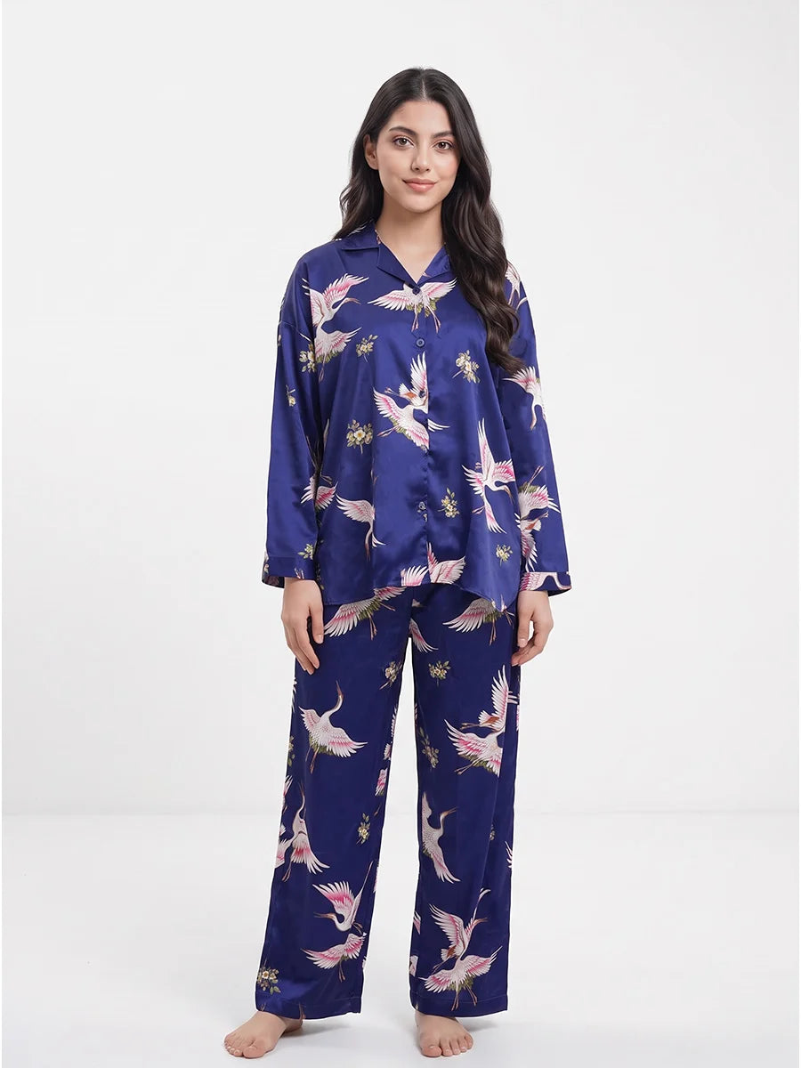 Oversized Silk Pajama Suit - Flamingo - Blue