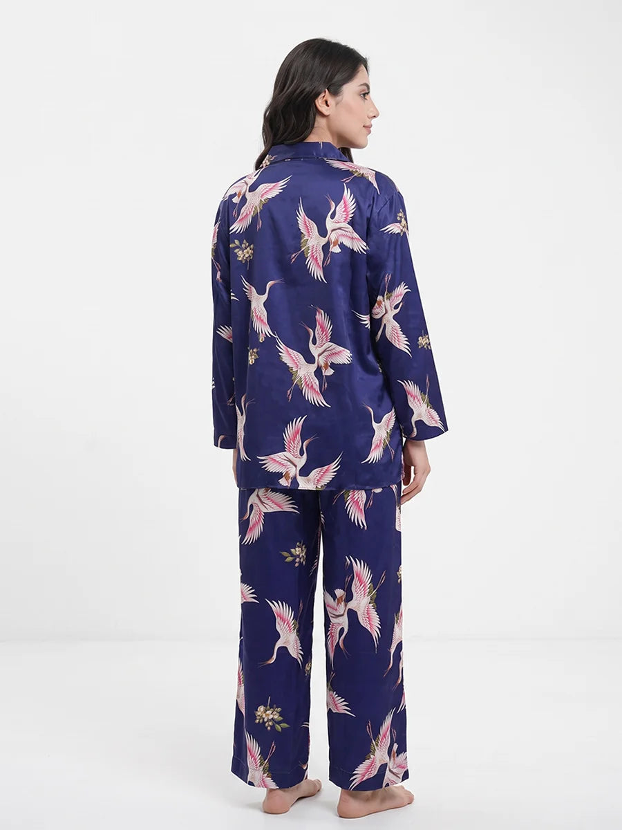 Oversized Silk Pajama Suit - Flamingo - Blue