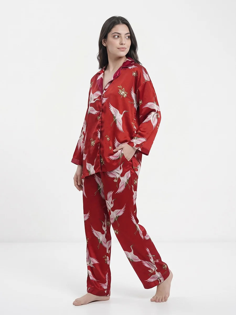 Oversized Silk Pajama Suit - Flamingo - Red