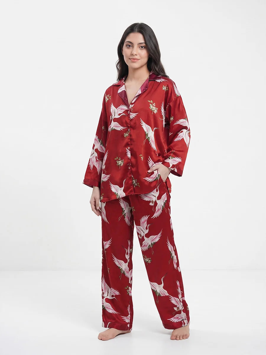 Oversized Silk Pajama Suit - Flamingo - Red