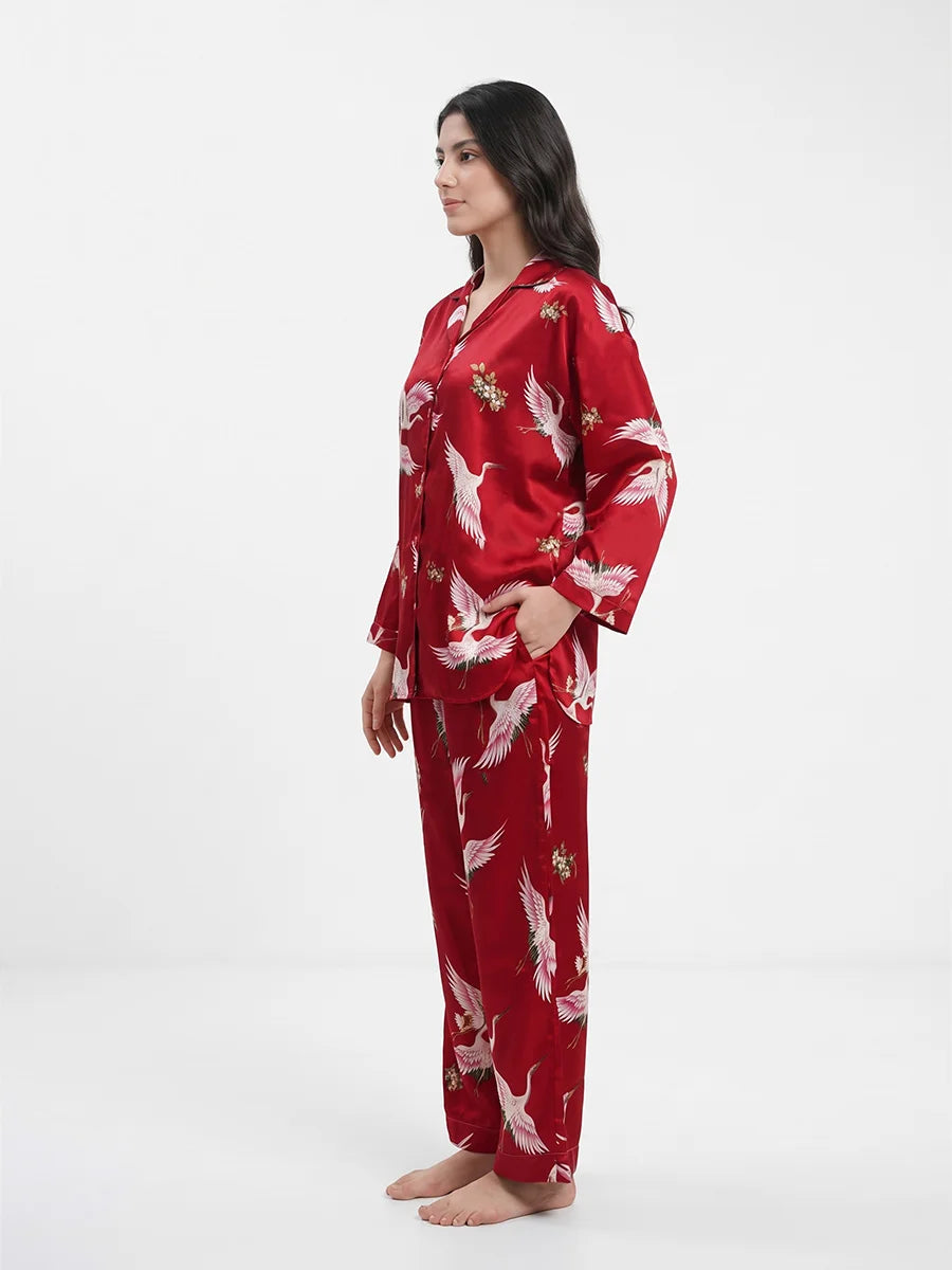 Oversized Silk Pajama Suit - Flamingo - Red