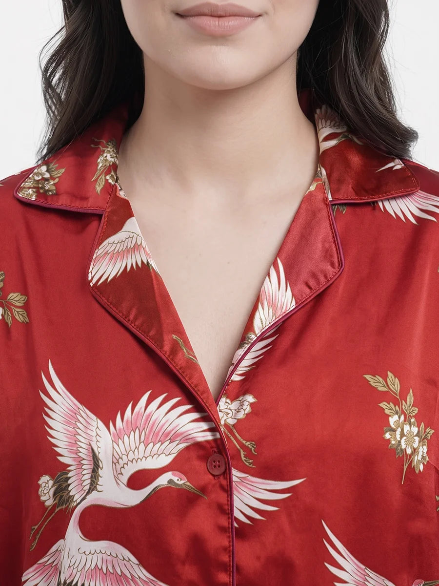 Oversized Silk Pajama Suit - Flamingo - Red