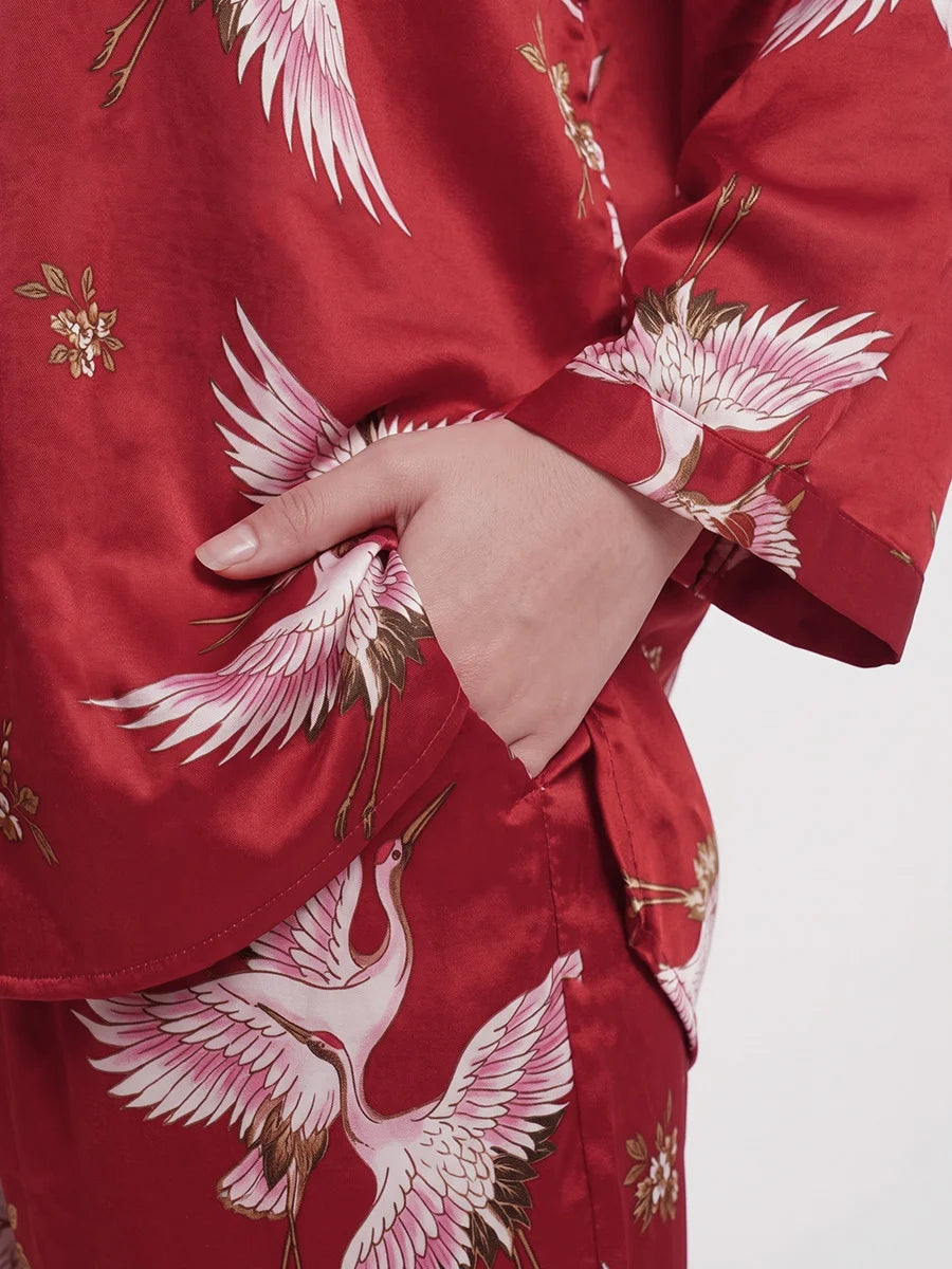 Oversized Silk Pajama Suit - Flamingo - Red