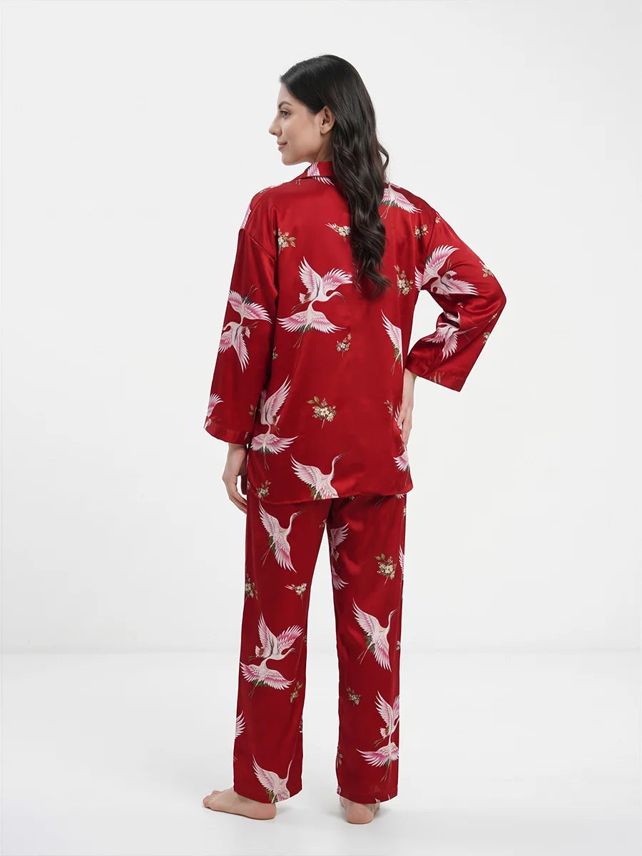 Oversized Silk Pajama Suit - Flamingo - Red