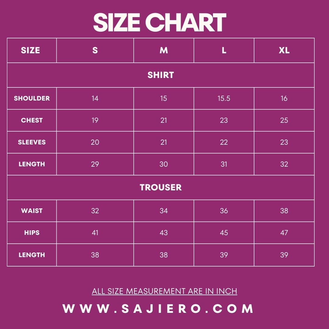 Size chart for shirts and trousers with measurements in inches on a purple background, sourced from www.sajiero.com.