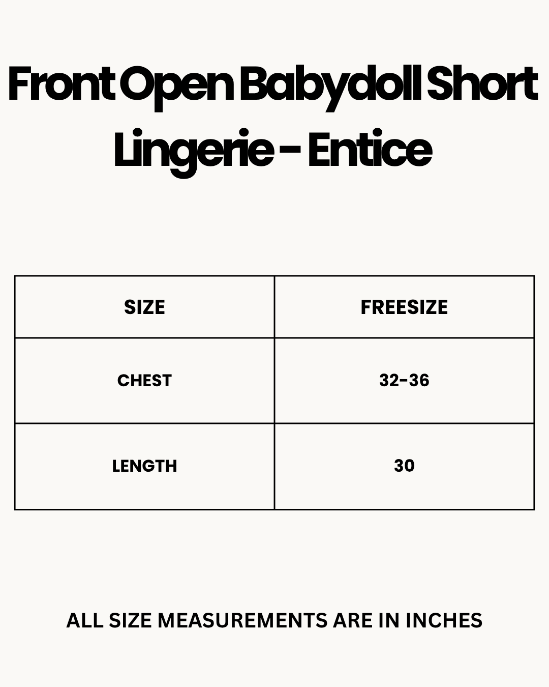Size Chart for Front Open Babydoll Short Lingerie - Entice - Black