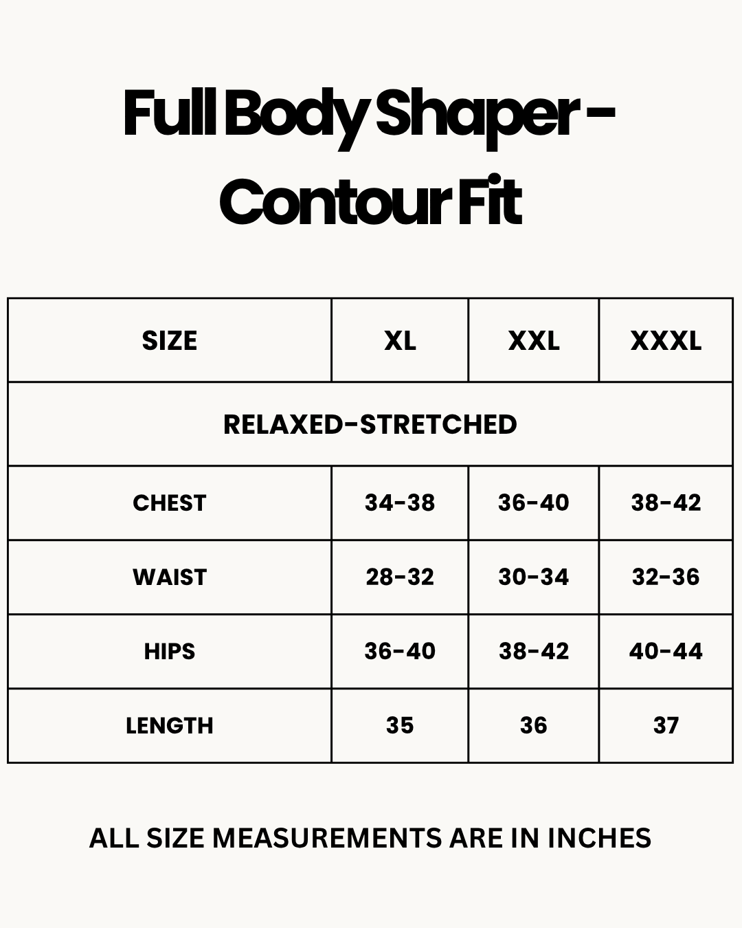 Size Chart for Full Body Shaper - Contour Fit
