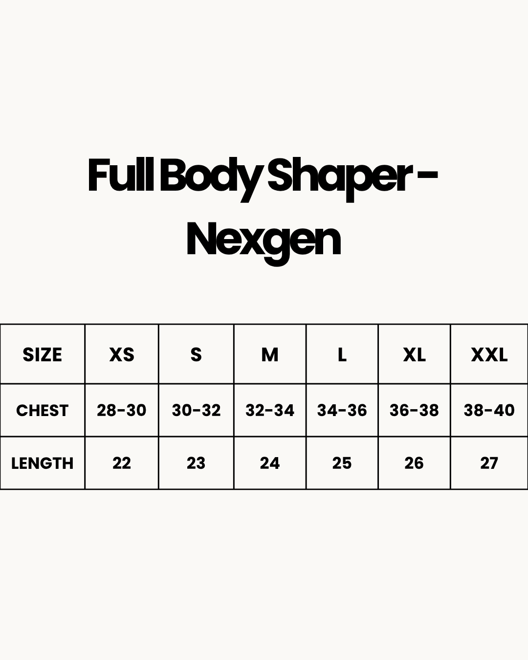 Size Chart for Full Body Shaper - Nexgen - Skin