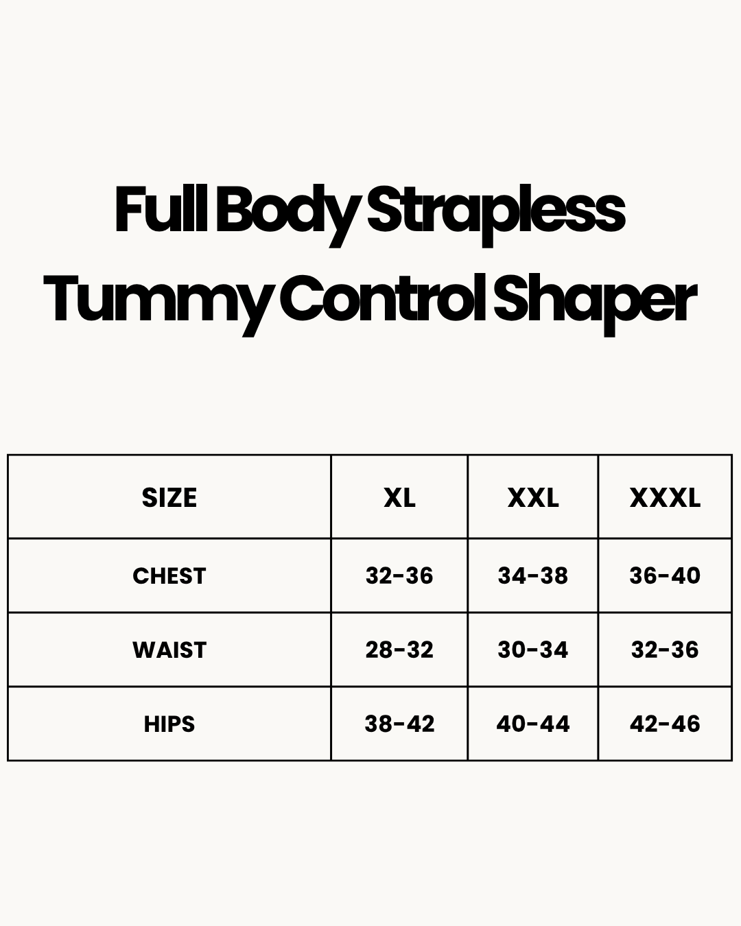 Size Chart for Full Body Strapless Tummy Control Shaper