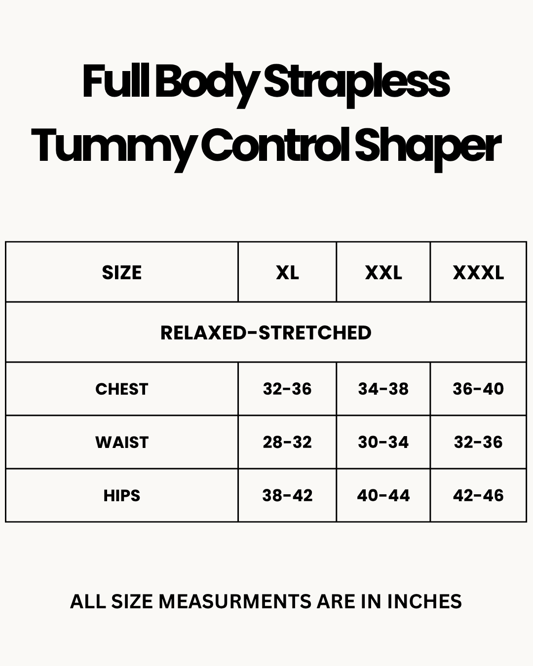 Size Chart for Full Body Strapless Tummy Control Shaper