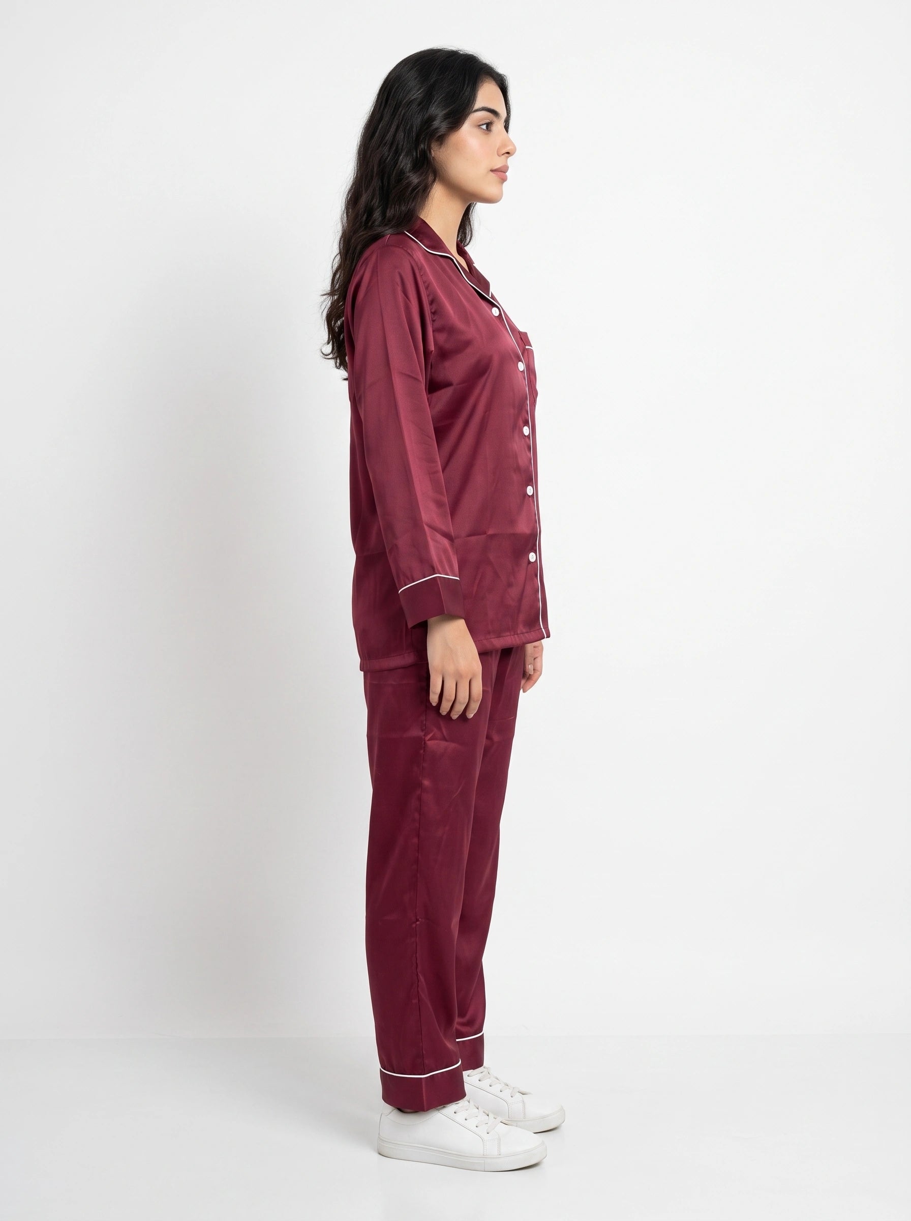Satin Silk Pajama Suit - Noir - Maroon