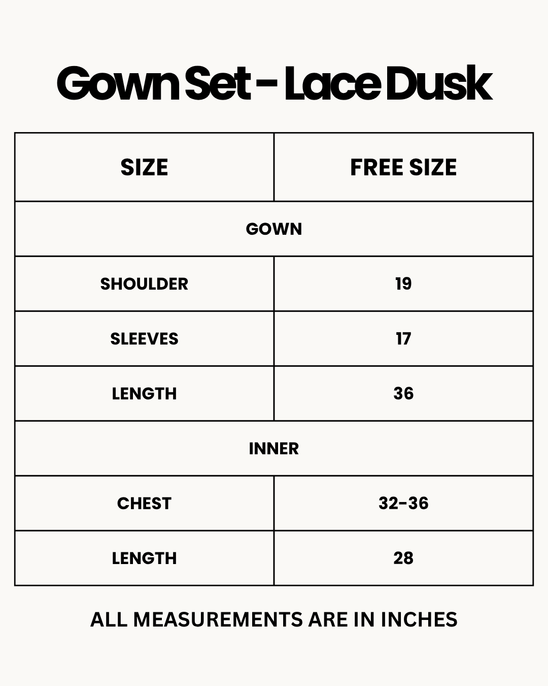 Size Chart for Gown Set - Lace Dusk