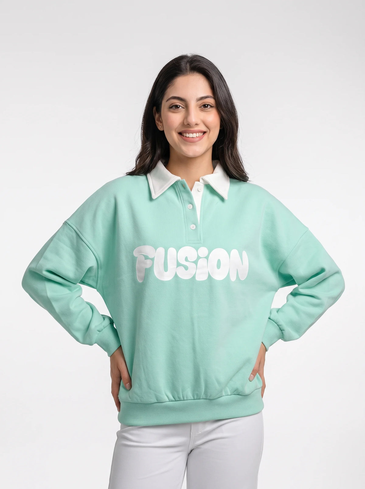 Fleece Polo Style Sweatshirt - FUSION - Aqua