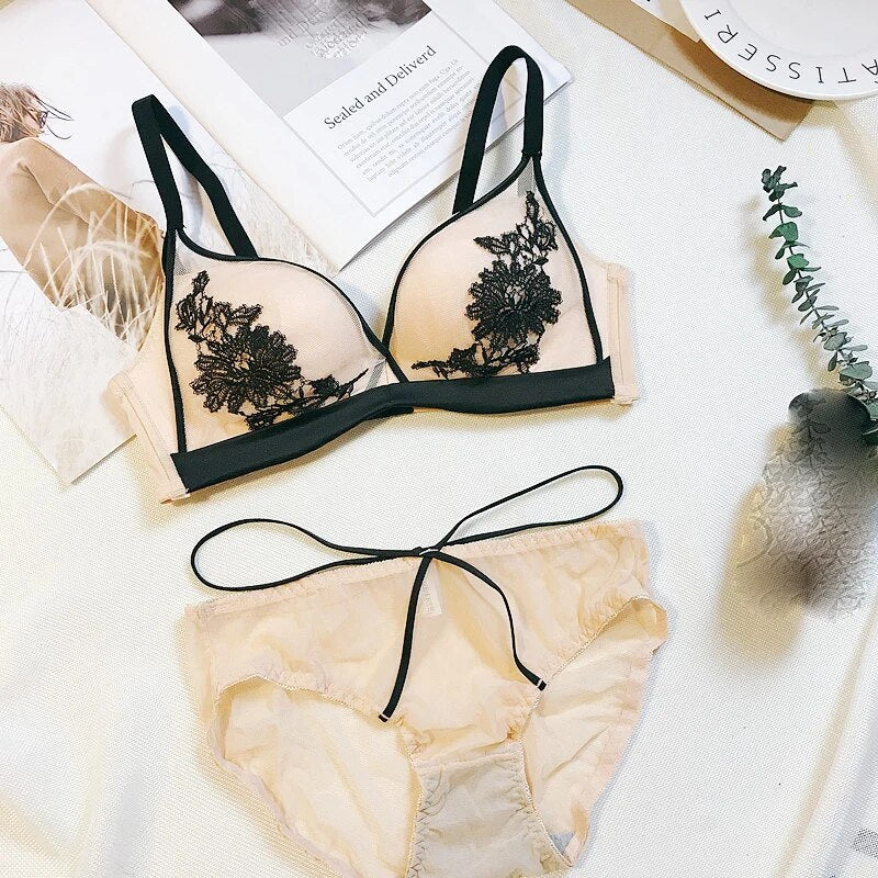 Floral Buttercup Embroidered  Wireless Padded Bra and Panty Set