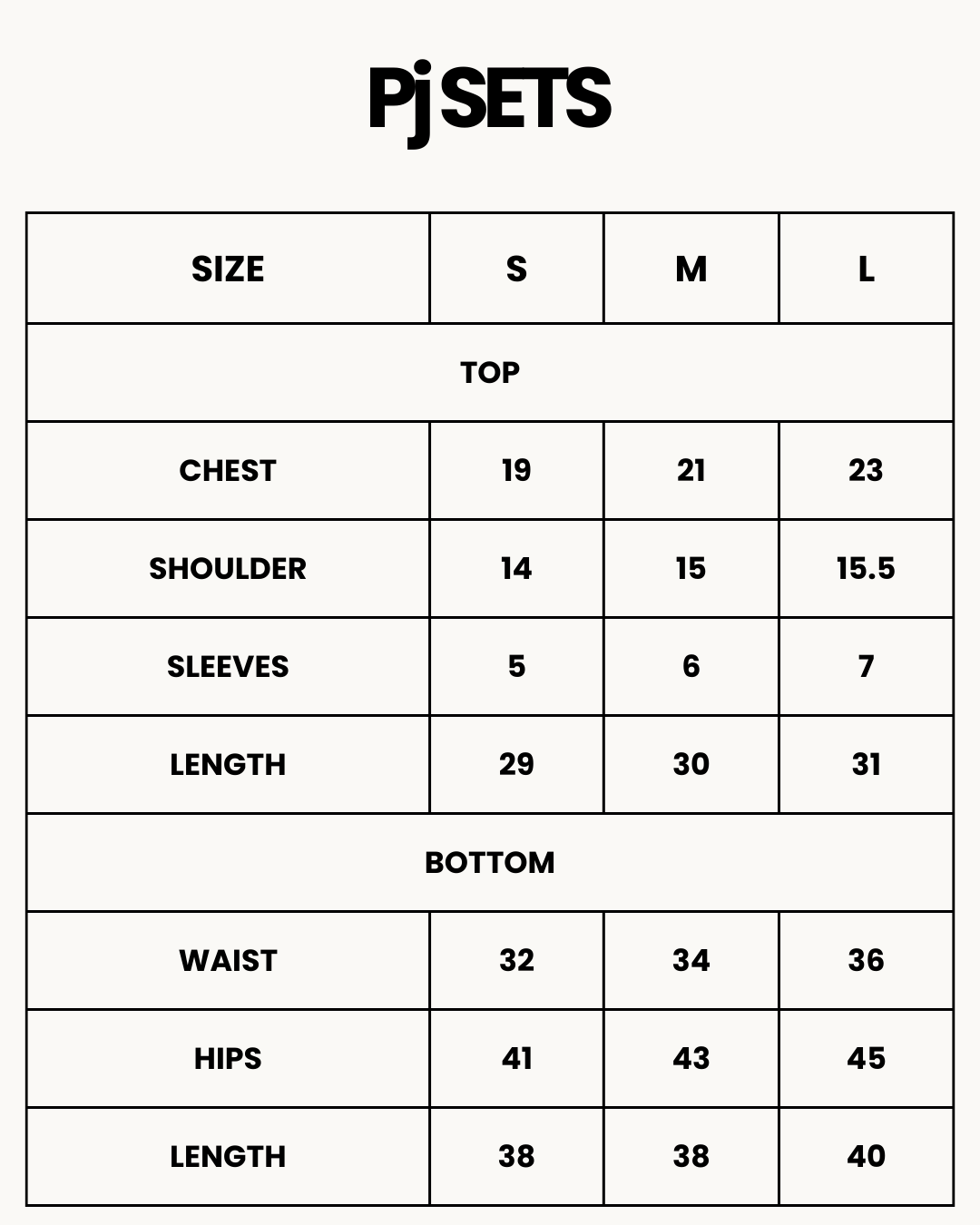 Size Chart for Cotton PJ Set -Flex fit