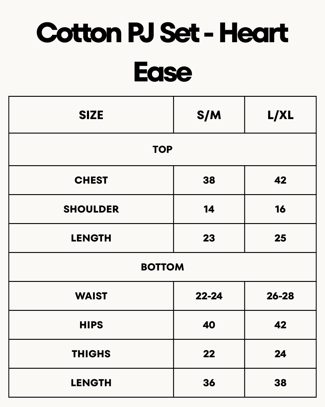 Size Chart for Cotton PJ Set - Heart Ease - Blue