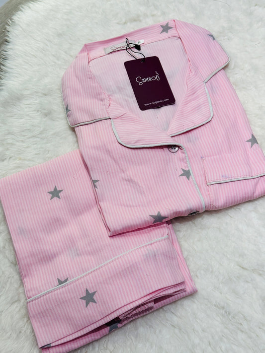 Galaxy Boski Linen Printed Pajama Suit Pink Stripes