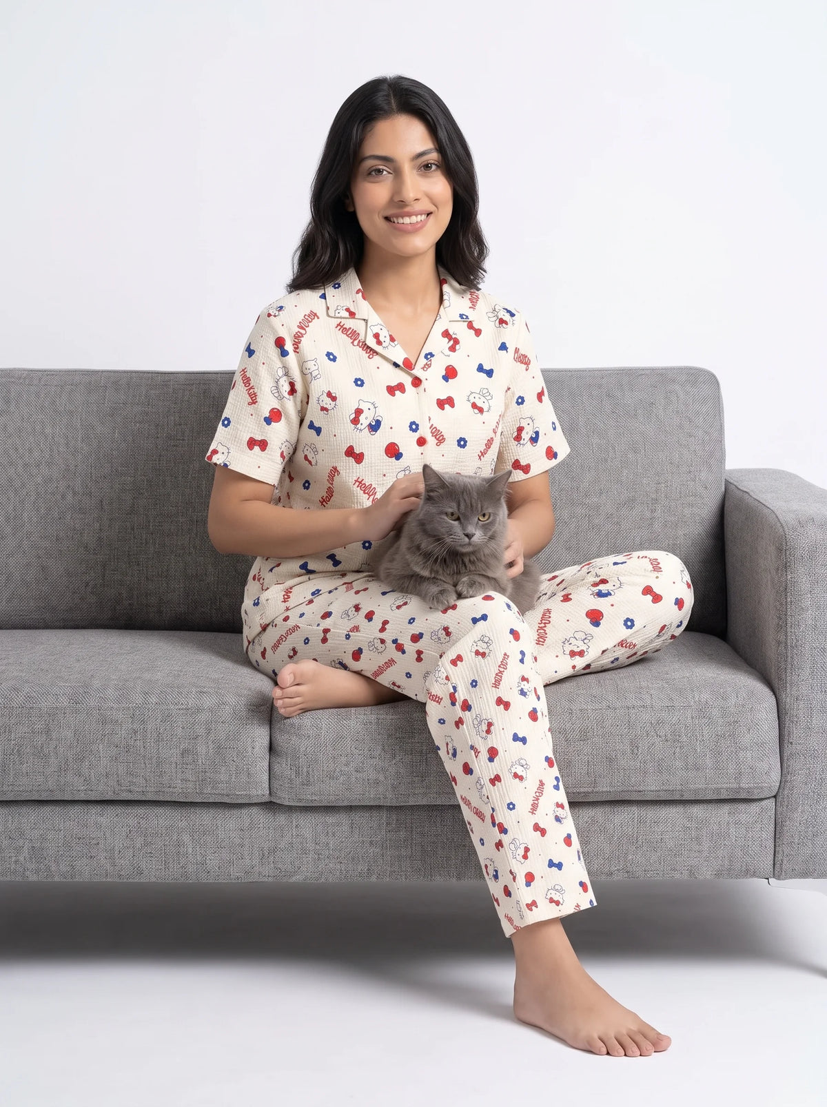 Summer Crinkled Pajama Suit - Kitty Charm