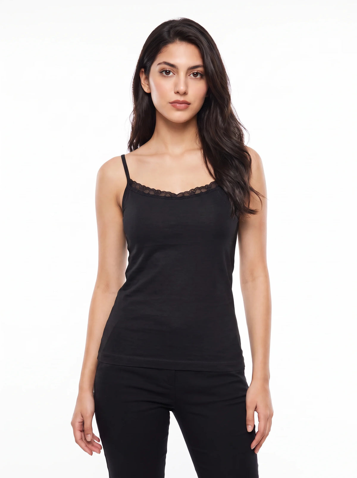 Soft Cotton Basic Camisole - Lacy - Black
