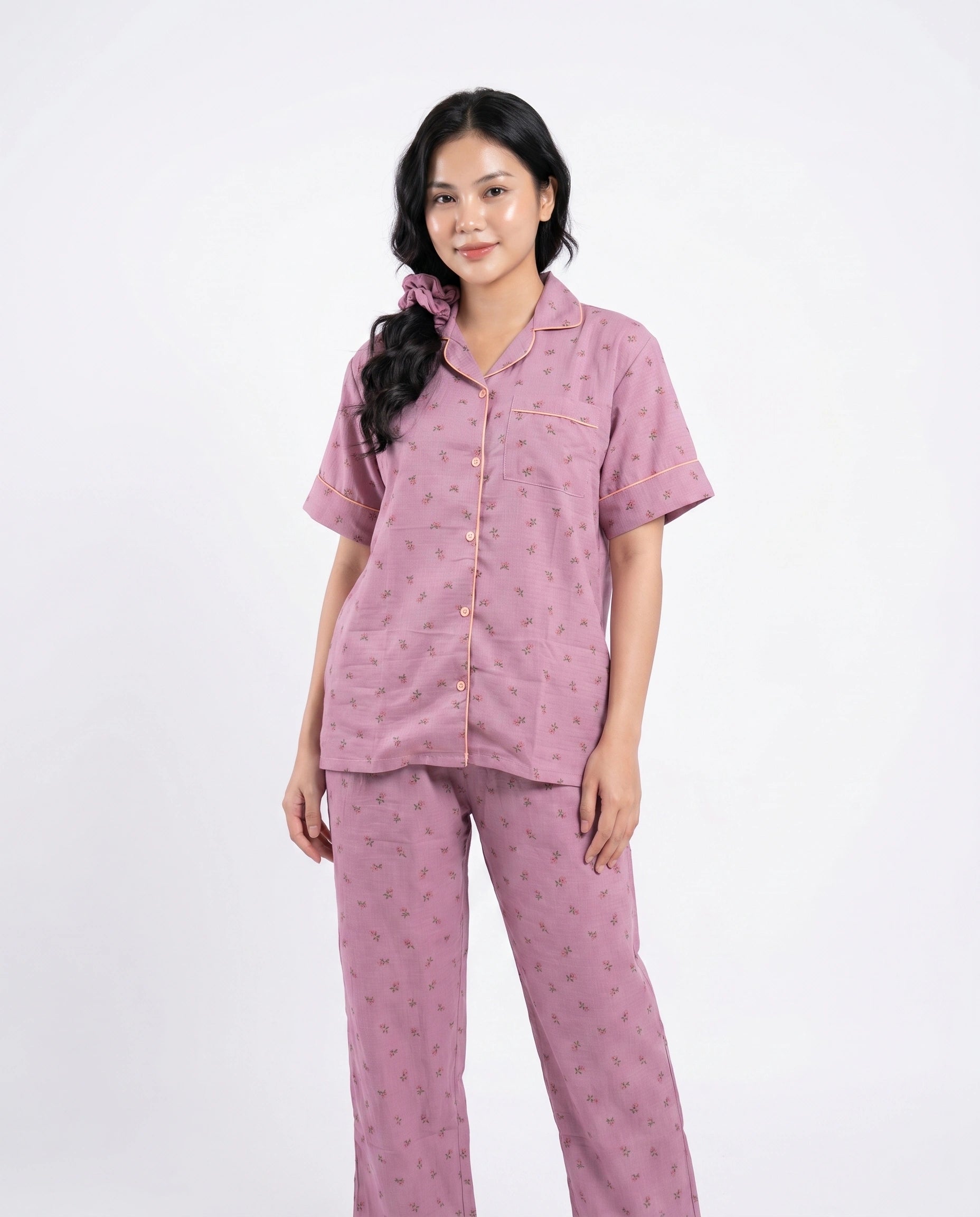 Summer Crinkled Pajama Suit - Flora -Purple