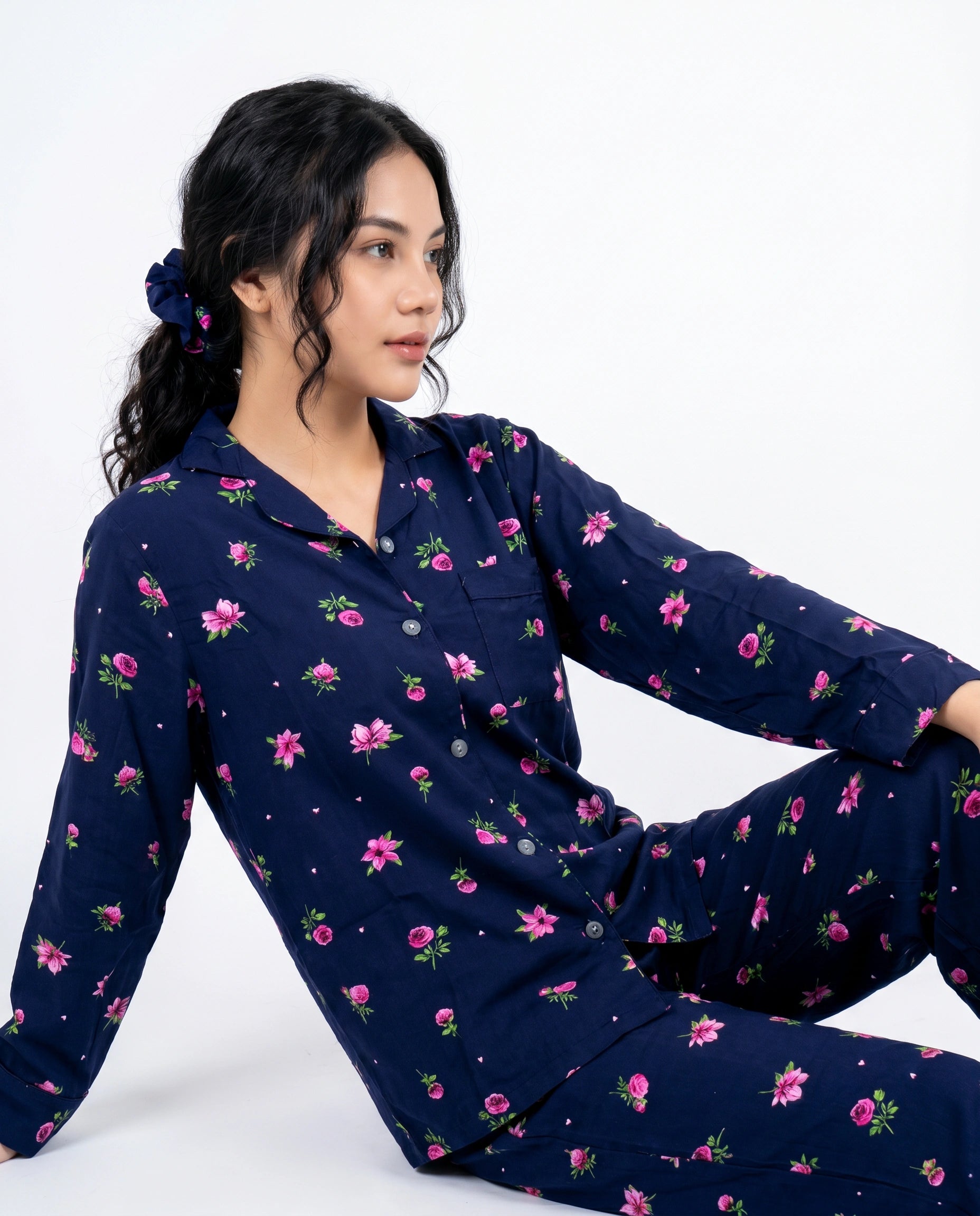 Linen Pajama Suit - Night Rose