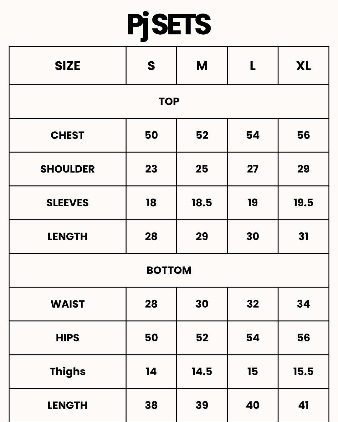 Size Chart for Oversized Linen PJ Set - Creamy Donut