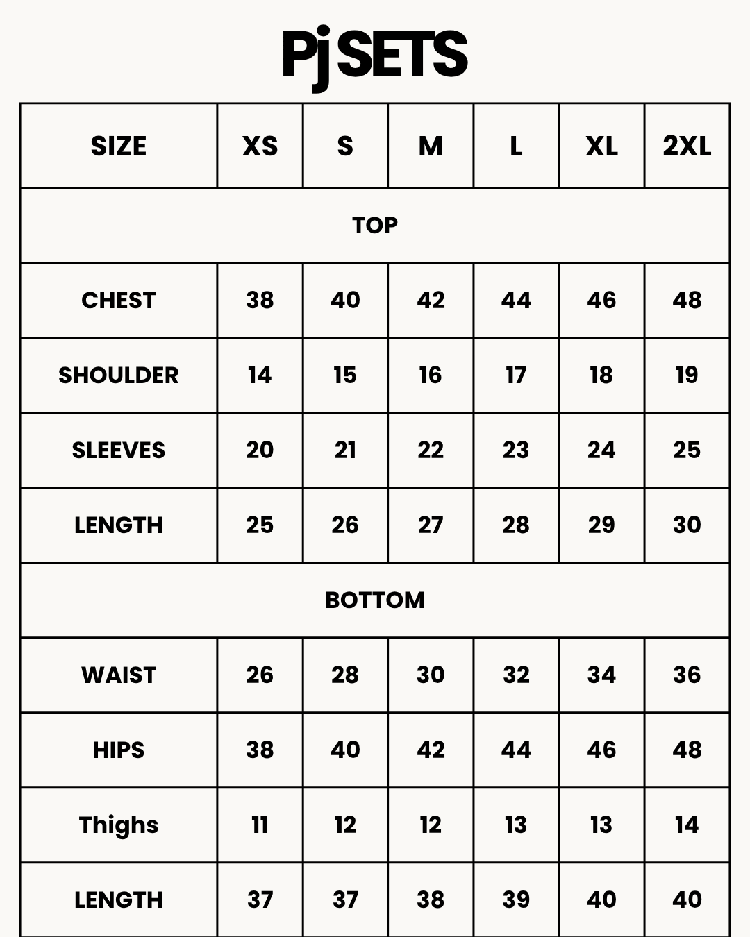 Size Chart for Linen PJ Set - Jasmine