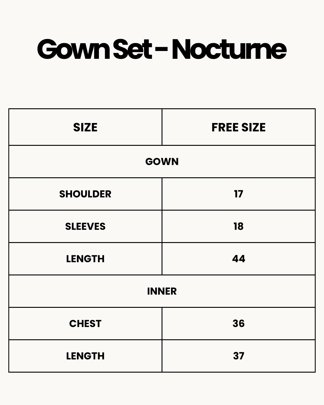Size Chart for Gown Set - Nocturne - Black