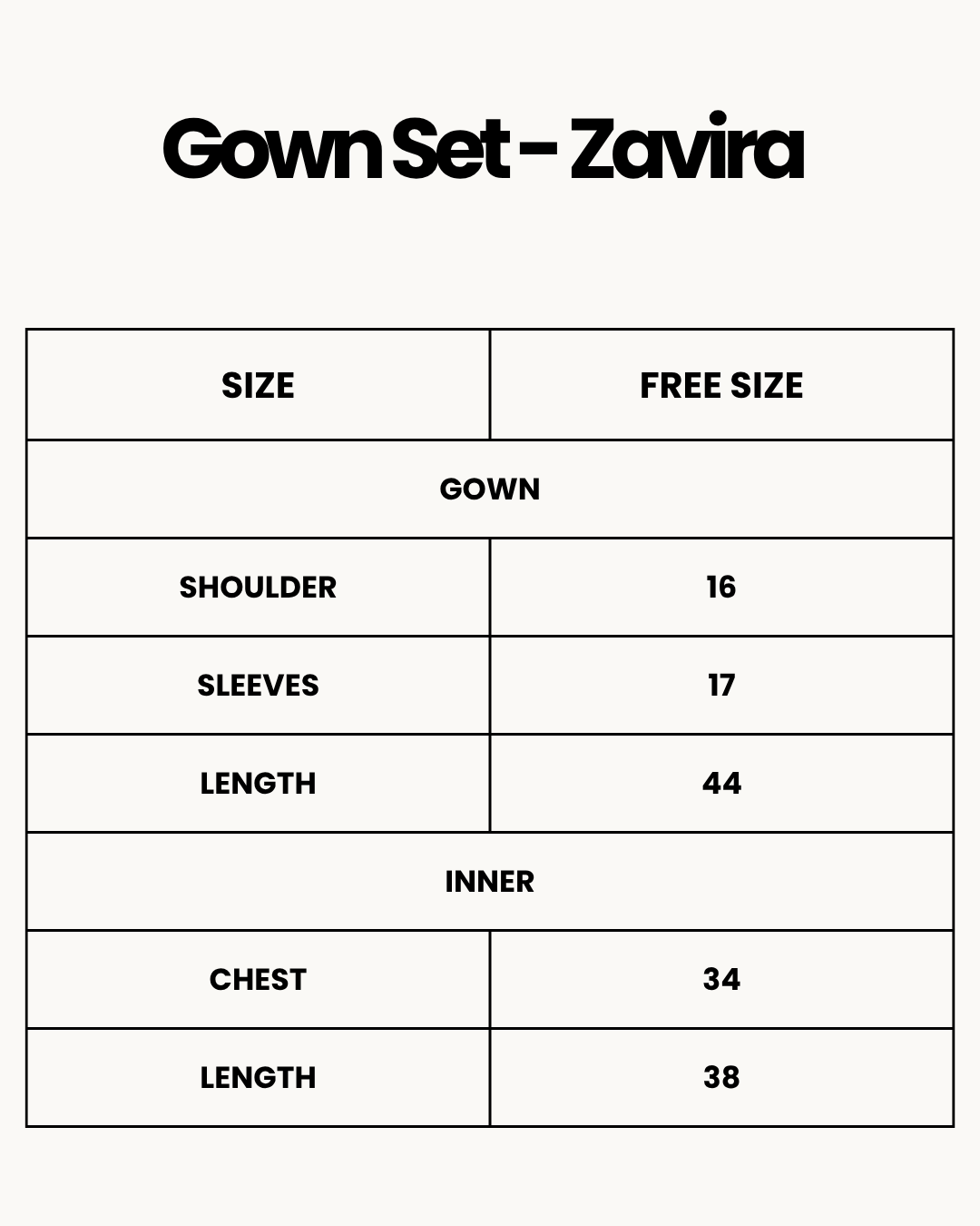 Size Chart for Gown Set - Zavira - Black