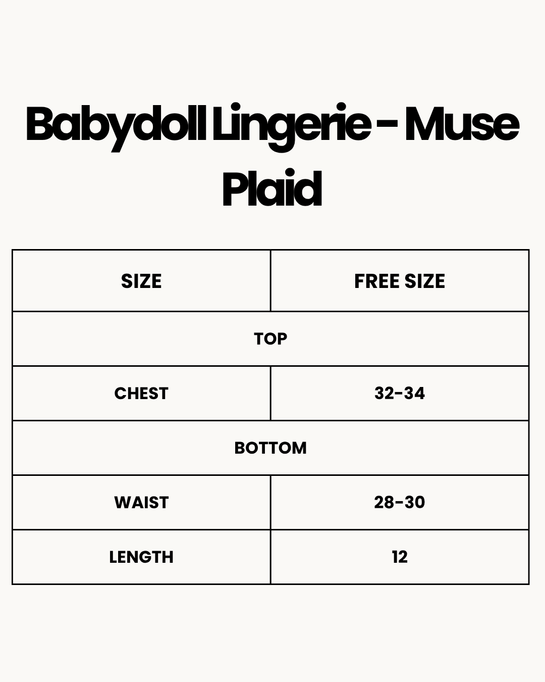 Size Chart for Babydoll Lingerie - Muse Plaid