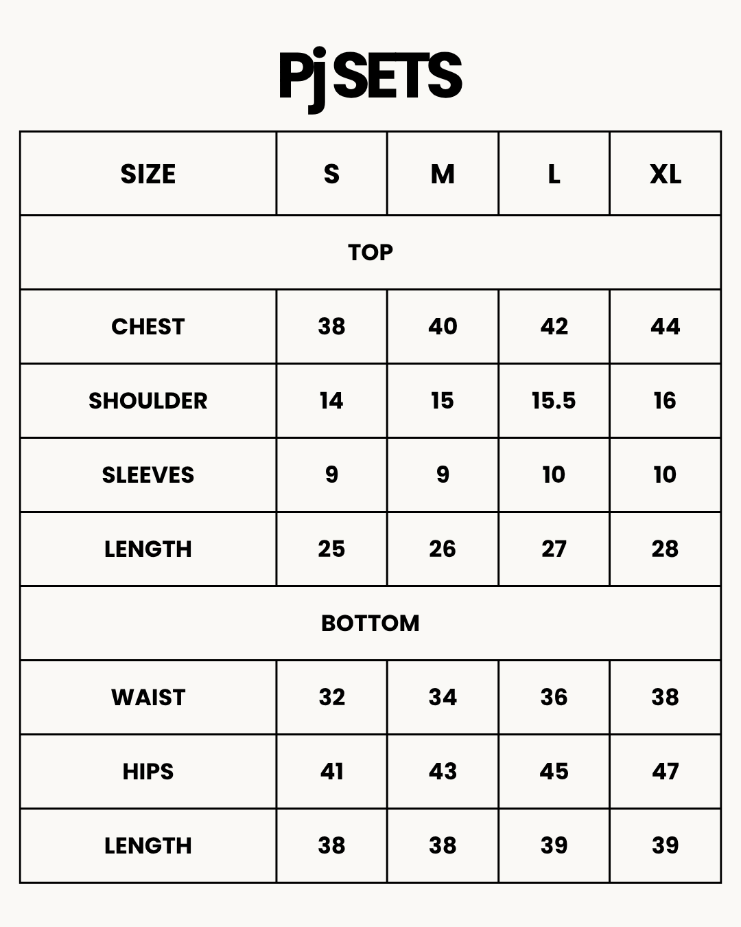 Size Chart for Linen Pajama Suit - Emerald Ease