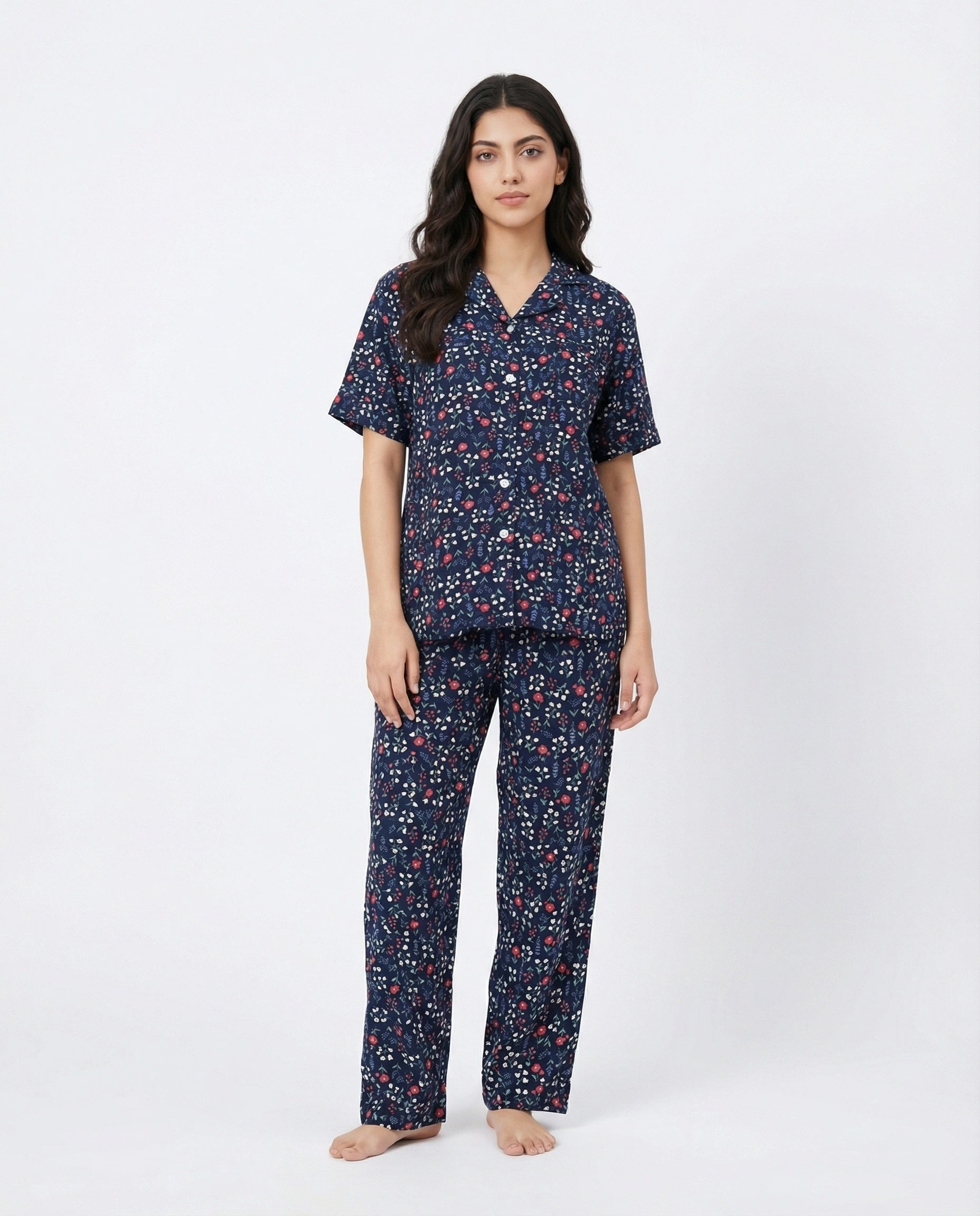 Linen Pajama Suit - Midnight Flora - Blue